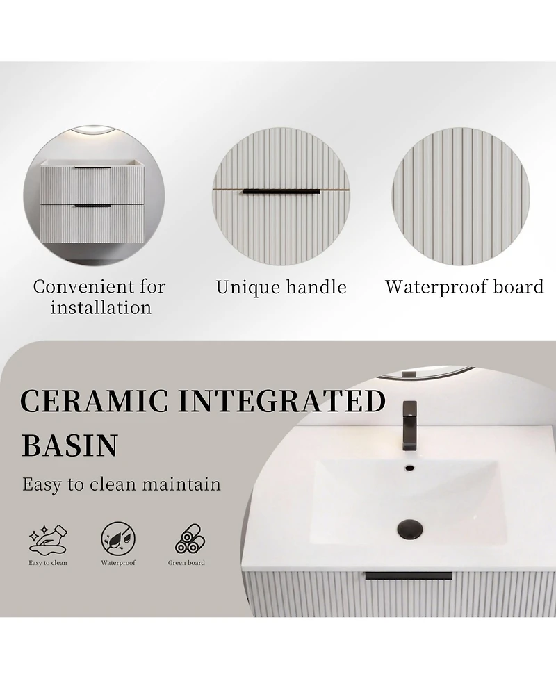 Phying 30 Inch Modern Fluted Bathroom Vanity Wall Mounted Floating Cabinet Sink Stylish Space Saving Bathroom Furniture for Home Apartment