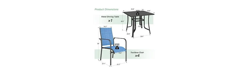Erommy 5 Piece Patio Dining Set, Outdoor Table And Textilene Chairs Set For 4