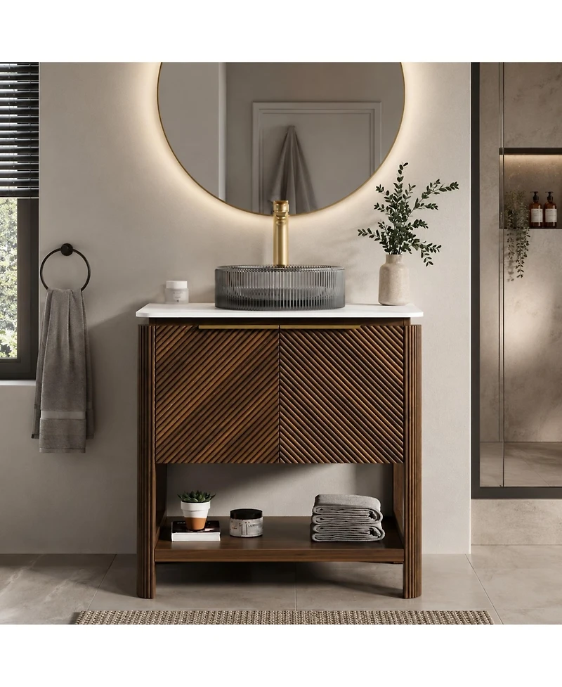 Phying 30 Inch Indigo Bathroom Vanity with Sink Freestanding Dark Walnut Woodgrain Plywood Storage Cabinet with Open Shelf for Bathroom Decor
