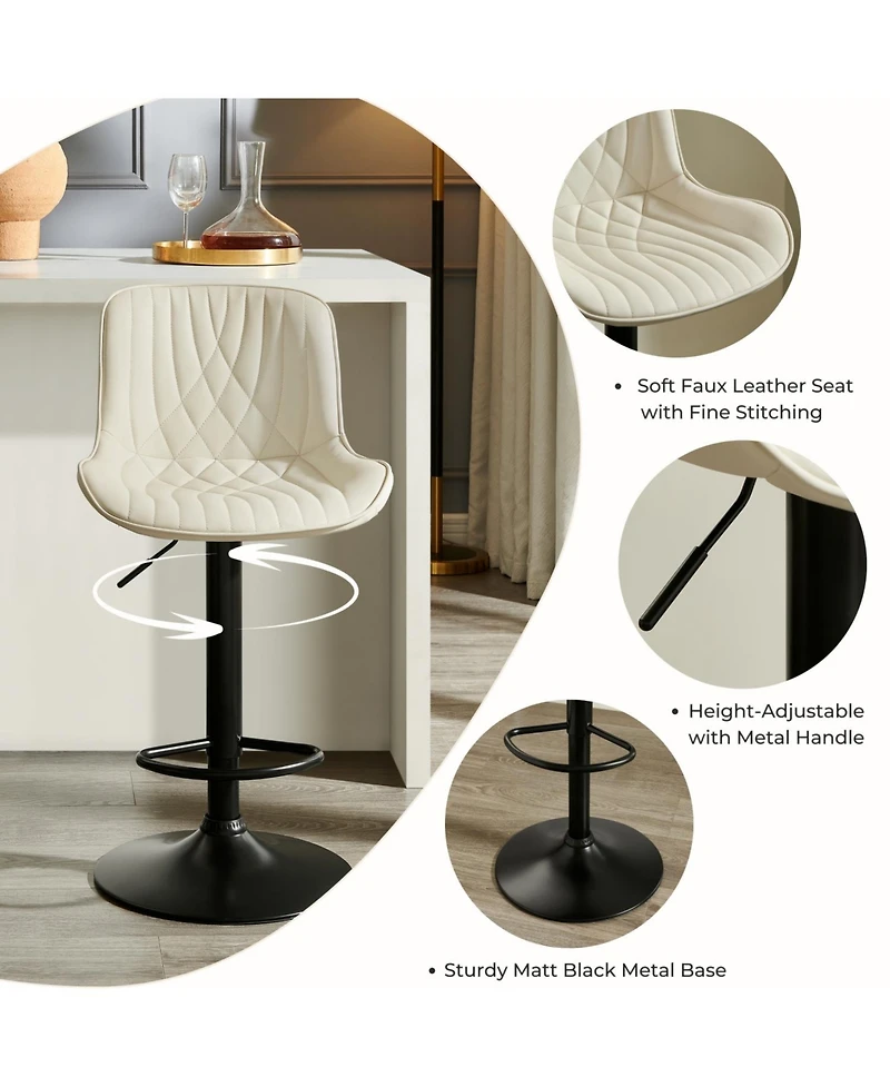 Rainsken Contemporary Adjustable Barstool Set of 2, Faux Leather Swivel Seats with Back, Counter Height Metal Chairs, for Bar, Kitchen, Dining Room