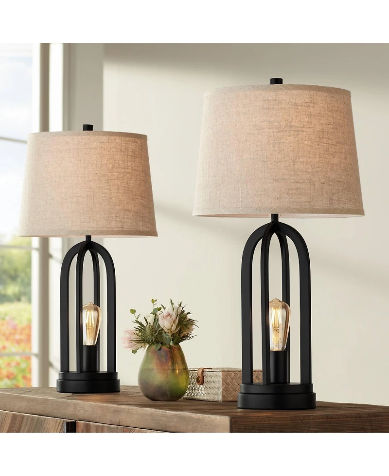 360 Lighting Marcel Industrial Table Lamps 24 1/4" High Set of 2 Black with Usb Port Led Nightlight Burlap Drum Shade for Bedroom Living Room Desk