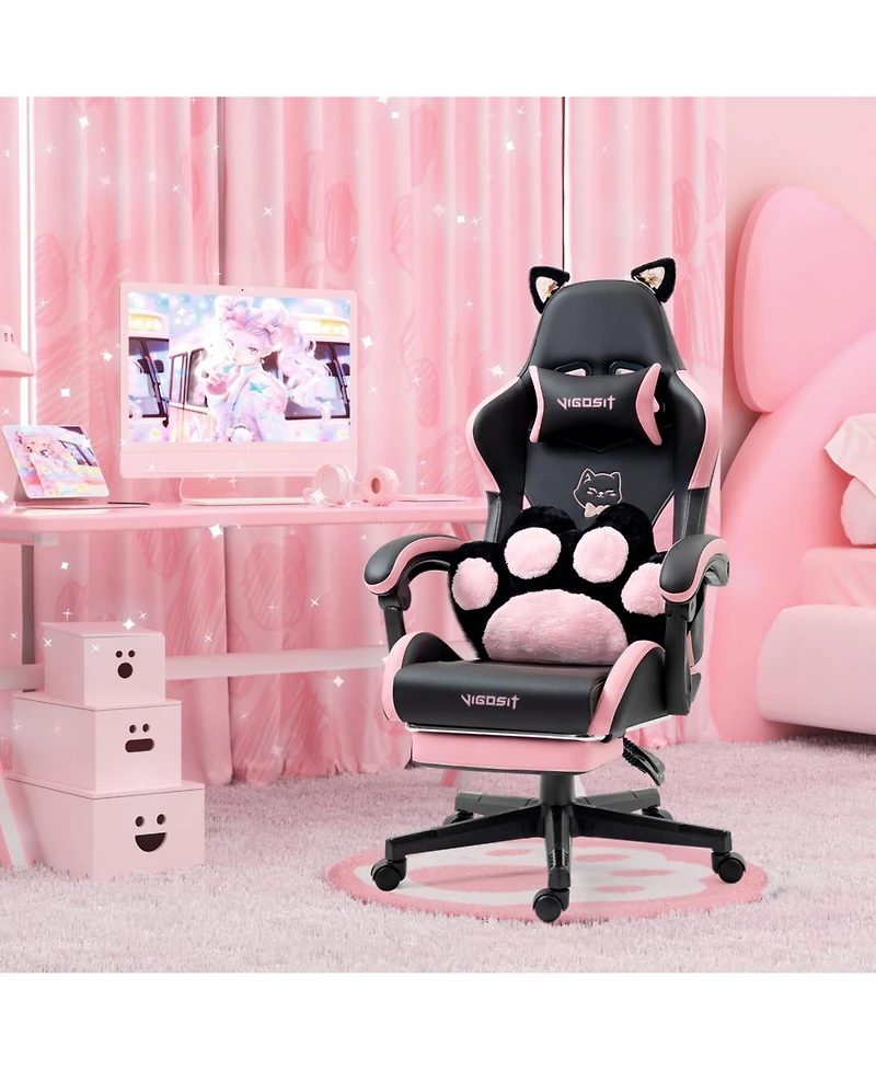 Rainsken Gaming Chair Cute, with Cat Ears Paw Lumbar and Cushion, Leather Fabric, 6-Position Recline, 310lbs Computer
