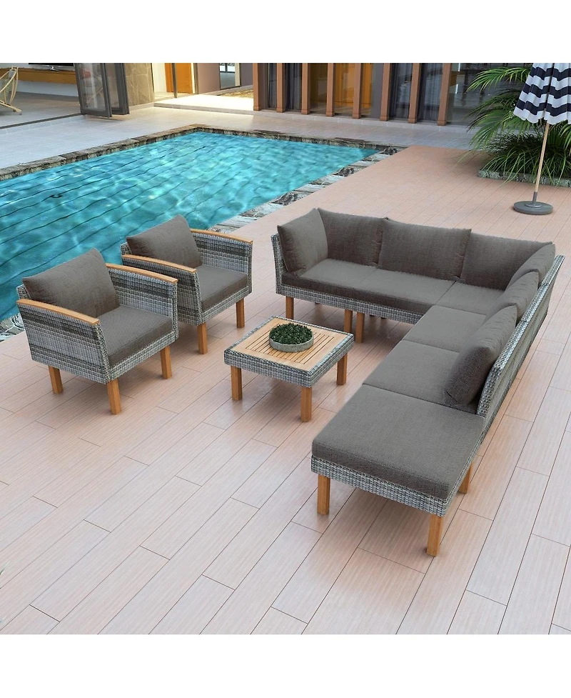 Asagikoiai 9-Piece Patio Rattan Furniture Set, Conversation Set with Acacia Wood Legs and Coffee Table