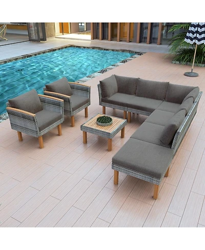 Asagikoiai 9-Piece Patio Rattan Furniture Set, Conversation Set with Acacia Wood Legs and Coffee Table
