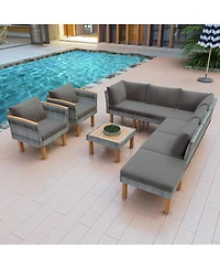 Asagikoiai 9-Piece Patio Rattan Furniture Set, Conversation Set with Acacia Wood Legs and Coffee Table