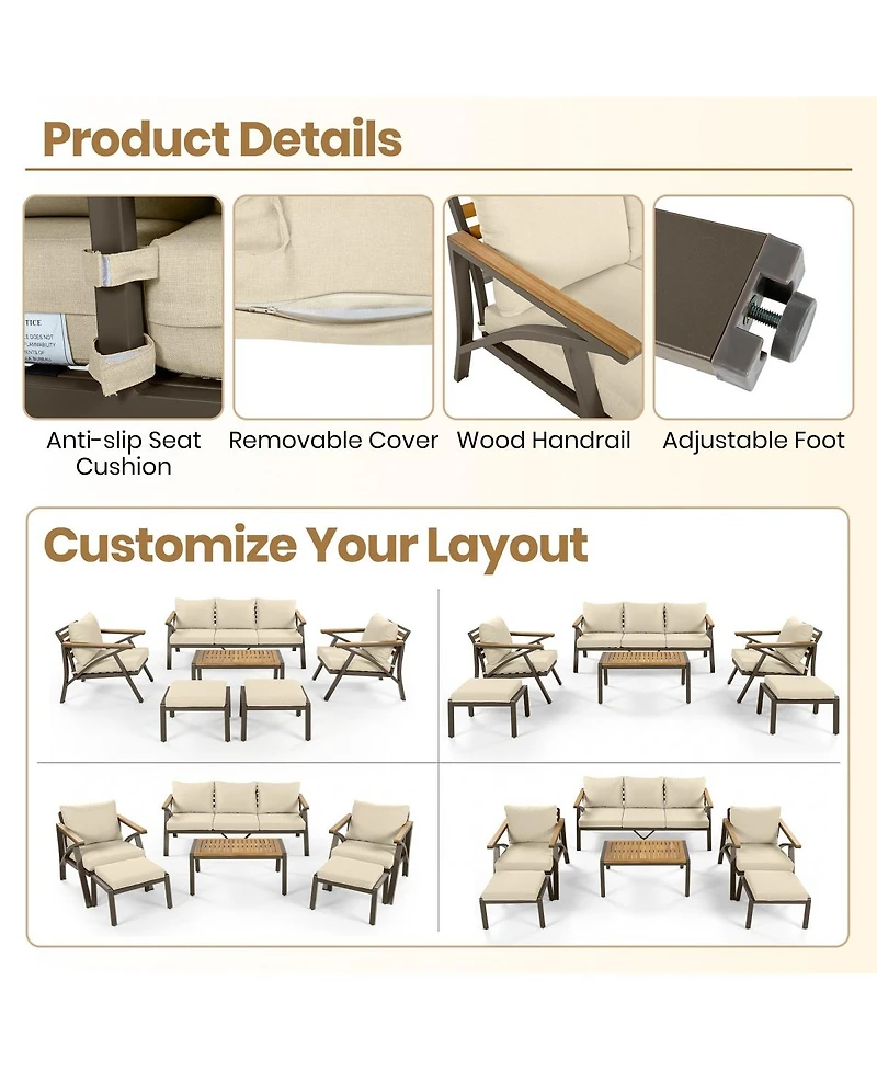 Asagikoiai 6-Piece Outdoor Patio Furniture Set, 7-Seat Steel Frame Conversation Sofa Set