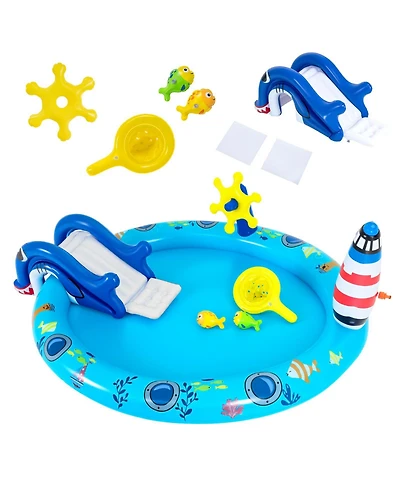 Aofar Inflatable Pool Shark Slide Sprinkler Fishing Water Play Center