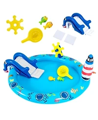 Aofar Inflatable Pool Shark Slide Sprinkler Fishing Water Play Center