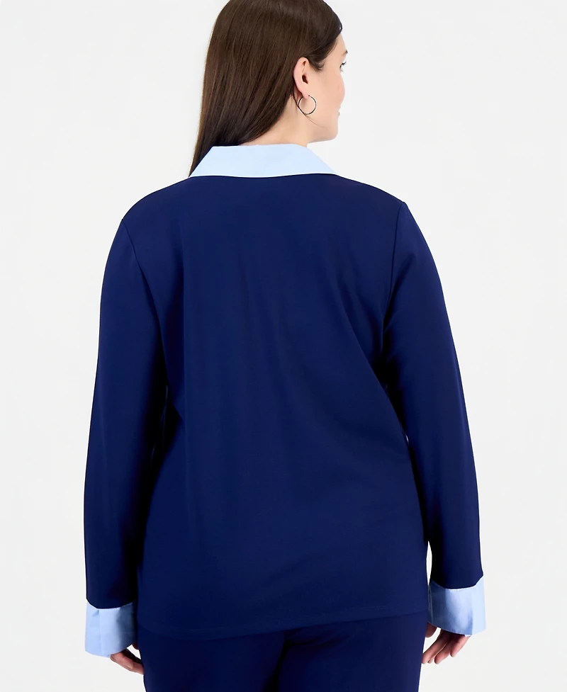 Jones New York Plus Twofer Top Serenity Knit Collared V-Neck Long-Sleeve