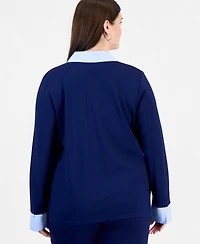 Jones New York Plus Twofer Top Serenity Knit Collared V-Neck Long-Sleeve