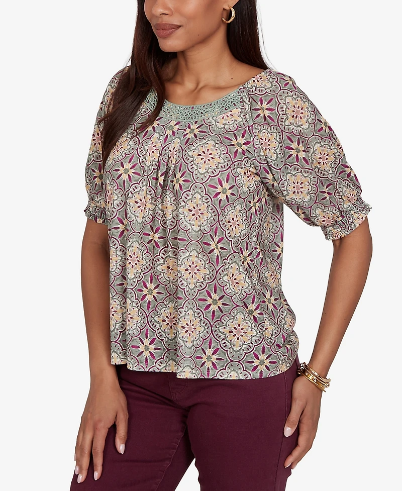 Ruby Rd. Petite Desert Geo Print Lace Trim Knit Top