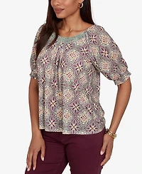 Ruby Rd. Petite Desert Geo Print Lace Trim Knit Top