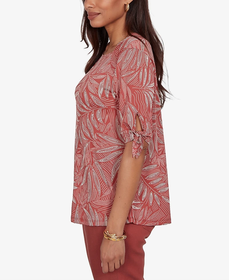Ruby Rd. Petite Leaf Puff Print Knit Tie Sleeve Top