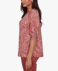 Ruby Rd. Petite Leaf Puff Print Knit Tie Sleeve Top