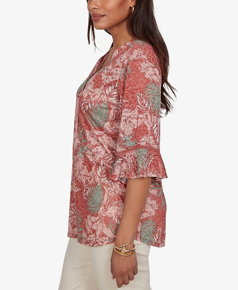 Ruby Rd. Petite Tropical Floral Burnout Split Neck Top