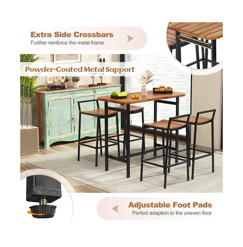 Boyel Living 5 Piece Acacia Wood Bar Table Set Bar Height Table and Chairs with Metal Frame and Footrest