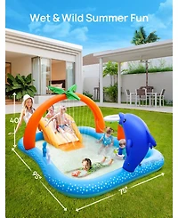 Aofar KidPool Slide Inflatable Play Center Wading Lounge Coconut Palm Sprinkler Water Game