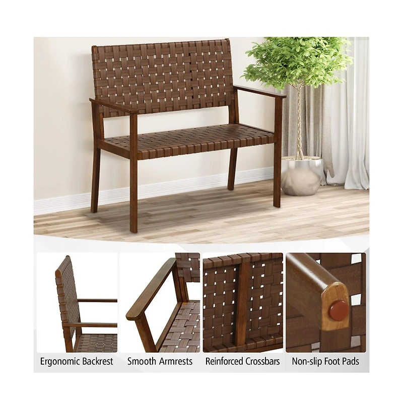 Boyel Living Outdoor All Weather Bench with Solid Rubber Wood Frame and Hand Woven Pu Leather