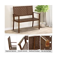 Boyel Living Outdoor All Weather Bench with Solid Rubber Wood Frame and Hand Woven Pu Leather