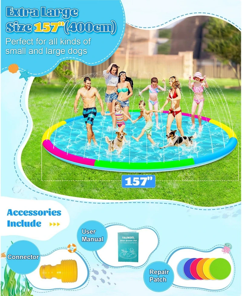 Aofar 157" Splash Pad Sprinkler Pool for Pets Adults Non-slip Thickened