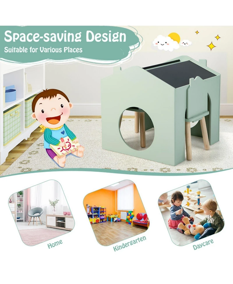 Gouun 3-Piece Kids Table and Chair Set Chalkboard Top House Design