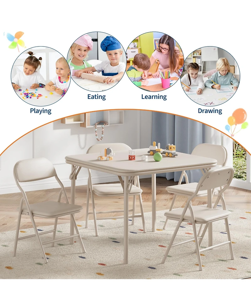 homfan 3-Piece Kids Folding Table and Chairs Set – Pu Cushioned Square Table, Durable Metal Frame, Portable, Space-Saving, Ideal for Dining, Crafts