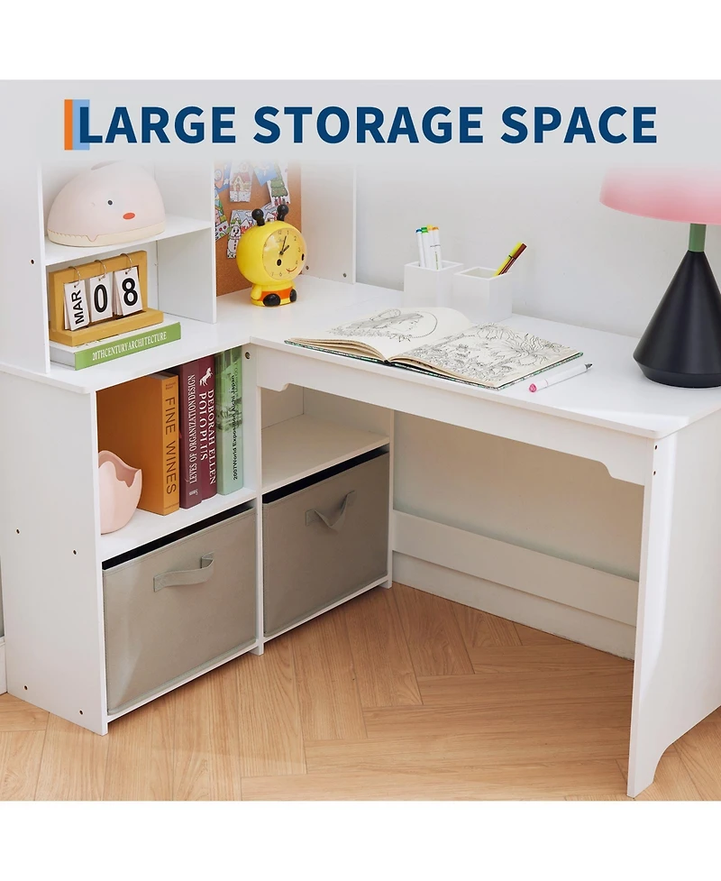 homfan Kids Corner Desk and Chair Set, White L Shaped Study Table with Storage Shelves and Bulletin Board for Bedroom