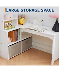 homfan Kids Corner Desk and Chair Set, White L Shaped Study Table with Storage Shelves and Bulletin Board for Bedroom