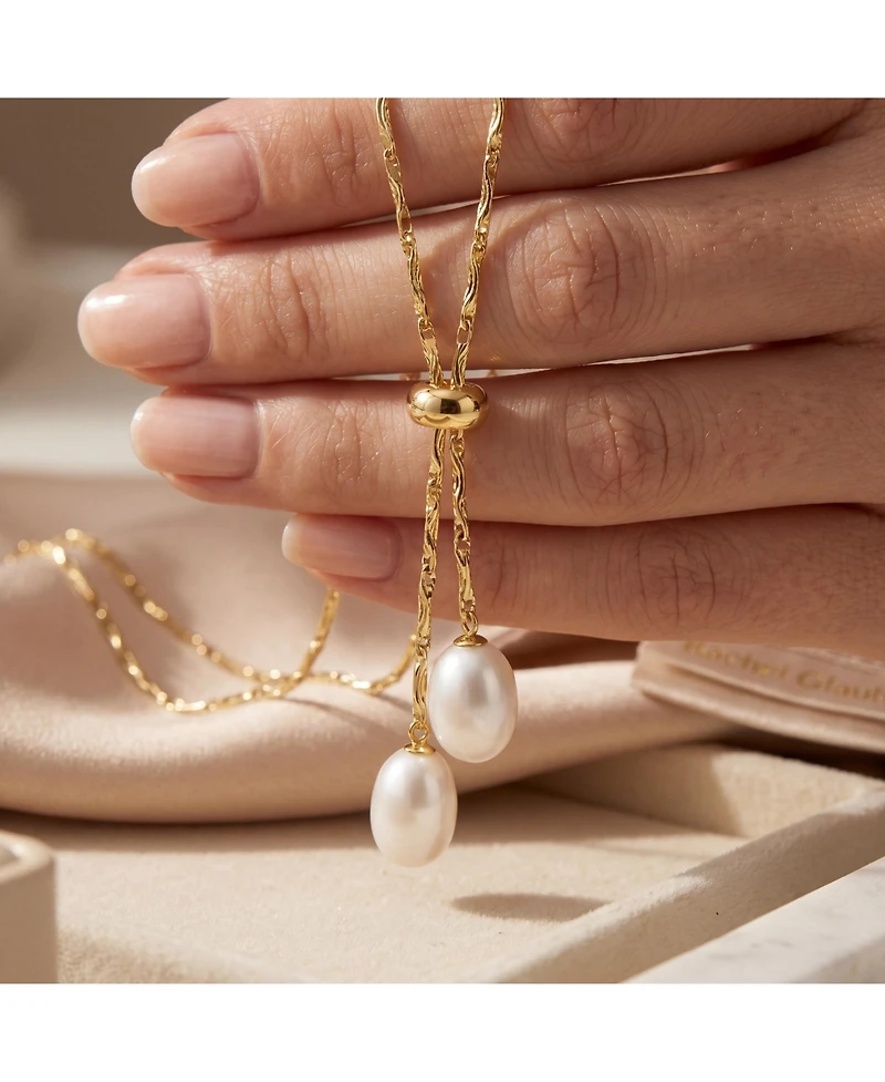 14K Gold Plated Pearl and Cubic Zirconia Y Neck Necklace