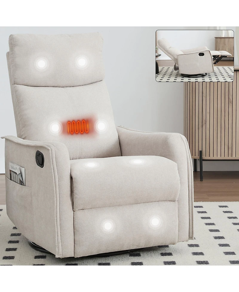 Clihome Heat Massage Manual Recliner Chair with Rocker and Swivel Fabric for Living Room