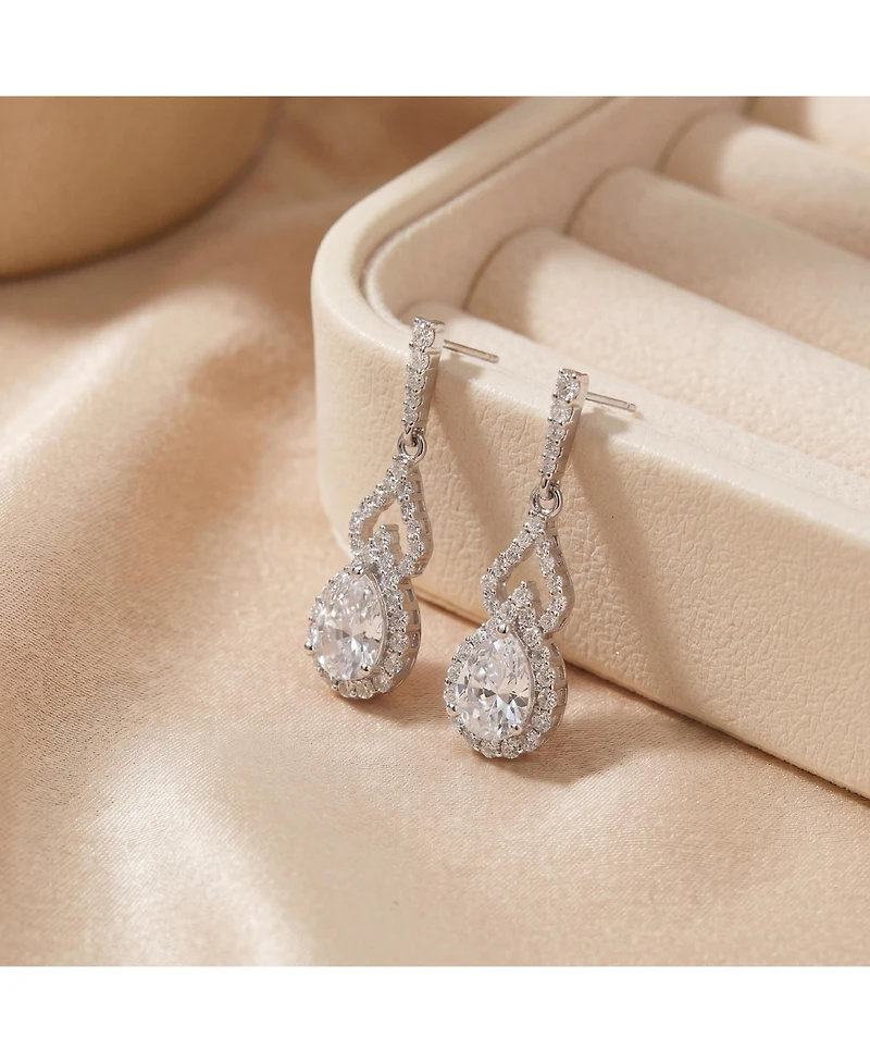 Sterling Silver with Rhodium Plated Clear Pear and Round Cubic Zirconia Halo with Open Pear Drop Earrings