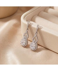 Sterling Silver with Rhodium Plated Clear Pear and Round Cubic Zirconia Halo with Open Pear Drop Earrings