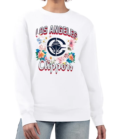 G-iii 4Her By Carl Banks Women's White La Clippers Flowers Team Logo Graphic Fleece Crewneck Pullover Sweatshirt