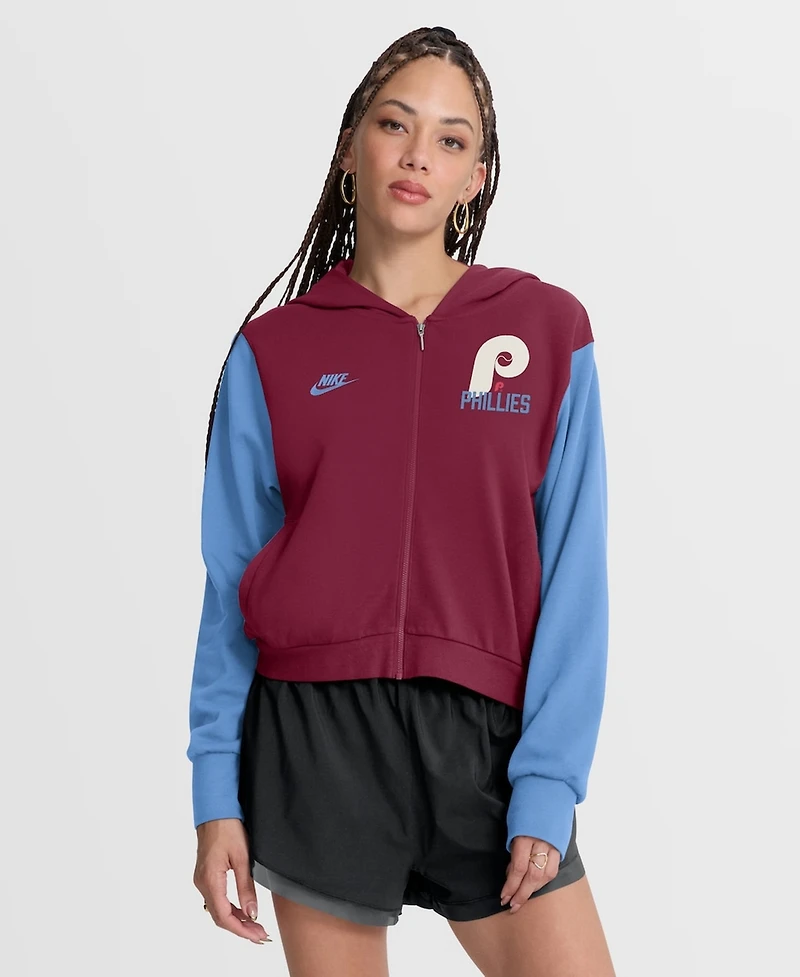 Nike Women's Burgundy/Light Blue Philadelphia Phillies Cooperstown Collection Cropped Full-Zip Hoodie