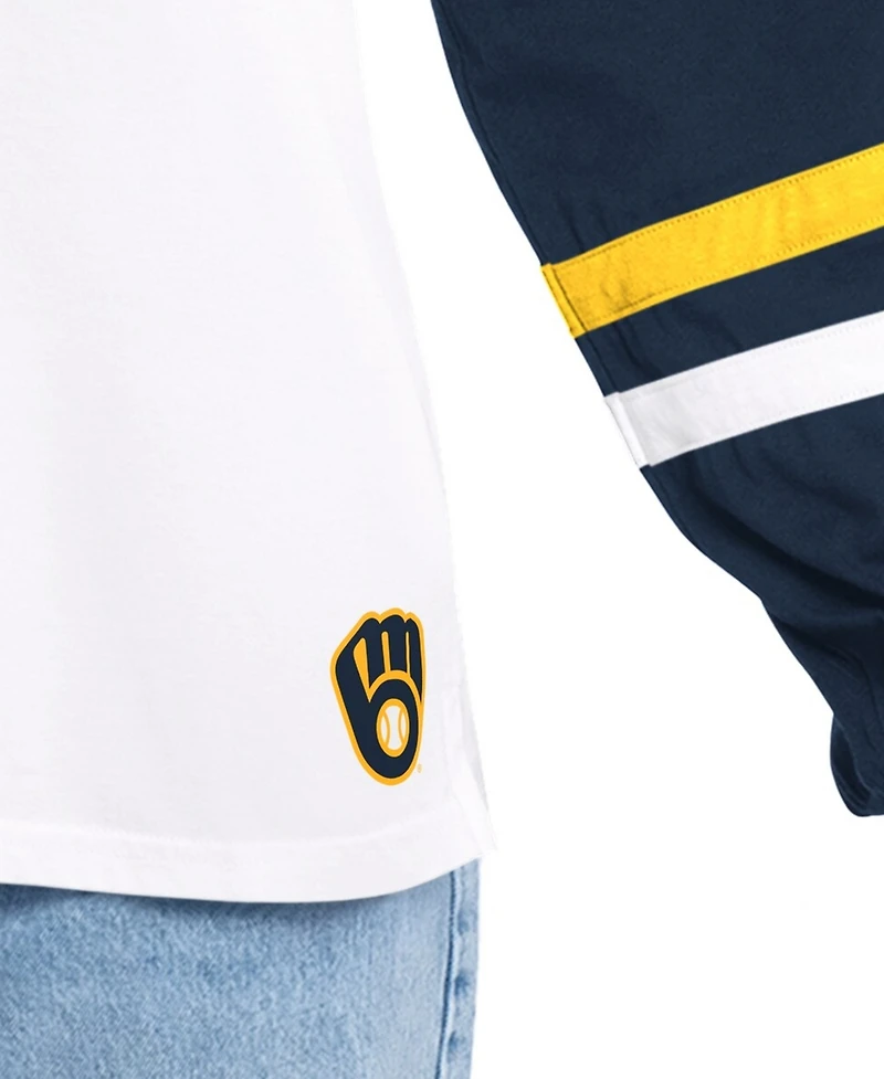 G-iii 4Her by Carl Banks Women's White/Navy Milwaukee Brewers Key Player Oversized Hooded Long Sleeve T-Shirt