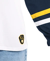 G-iii 4Her by Carl Banks Women's White/Navy Milwaukee Brewers Key Player Oversized Hooded Long Sleeve T-Shirt