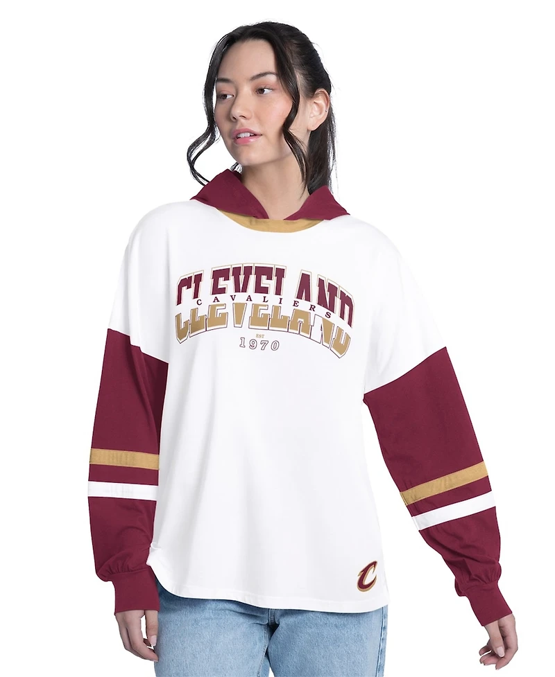 G-iii 4Her by Carl Banks Women's White/Wine Cleveland Cavaliers Key Player Oversized Hooded Long Sleeve T-Shirt