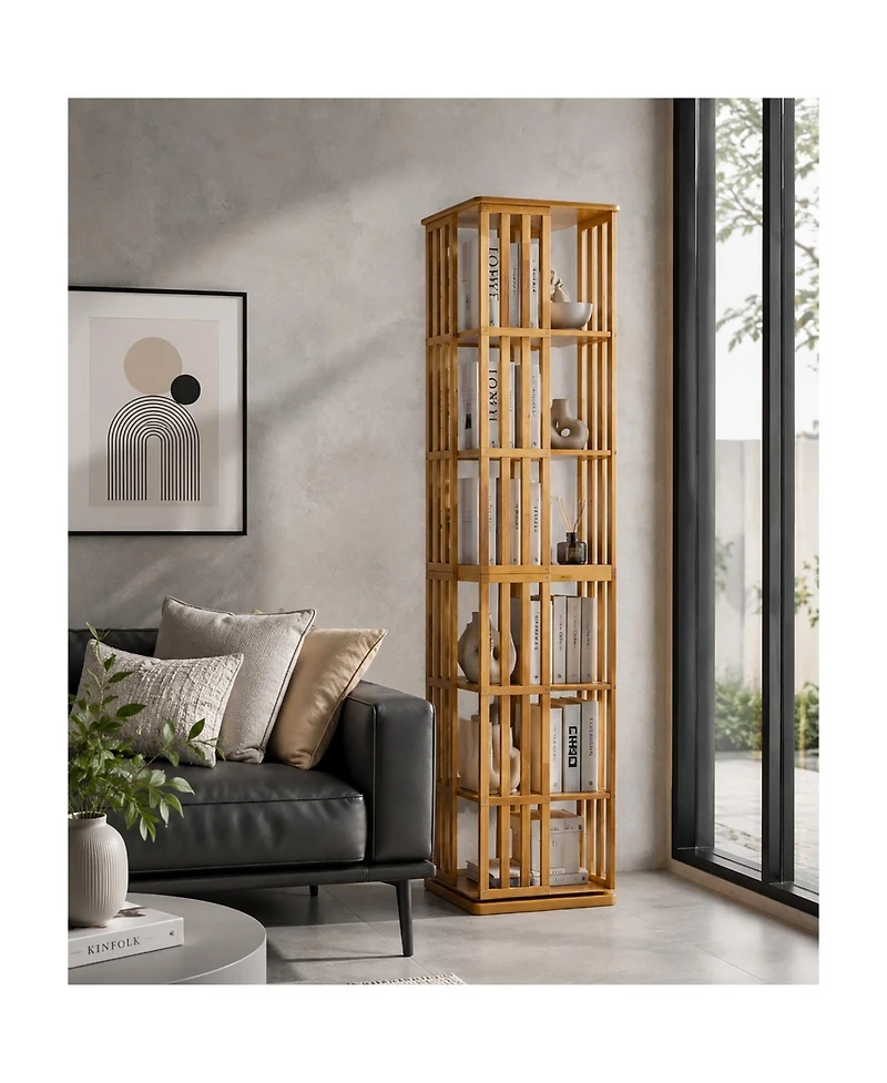 Rainsken 6 Tier Bamboo Rotating Bookshelf Tower, 360degree(s) Display Spinning Bookcase, Wood Narrow Book Shelf Organizer, for KidsandAdults