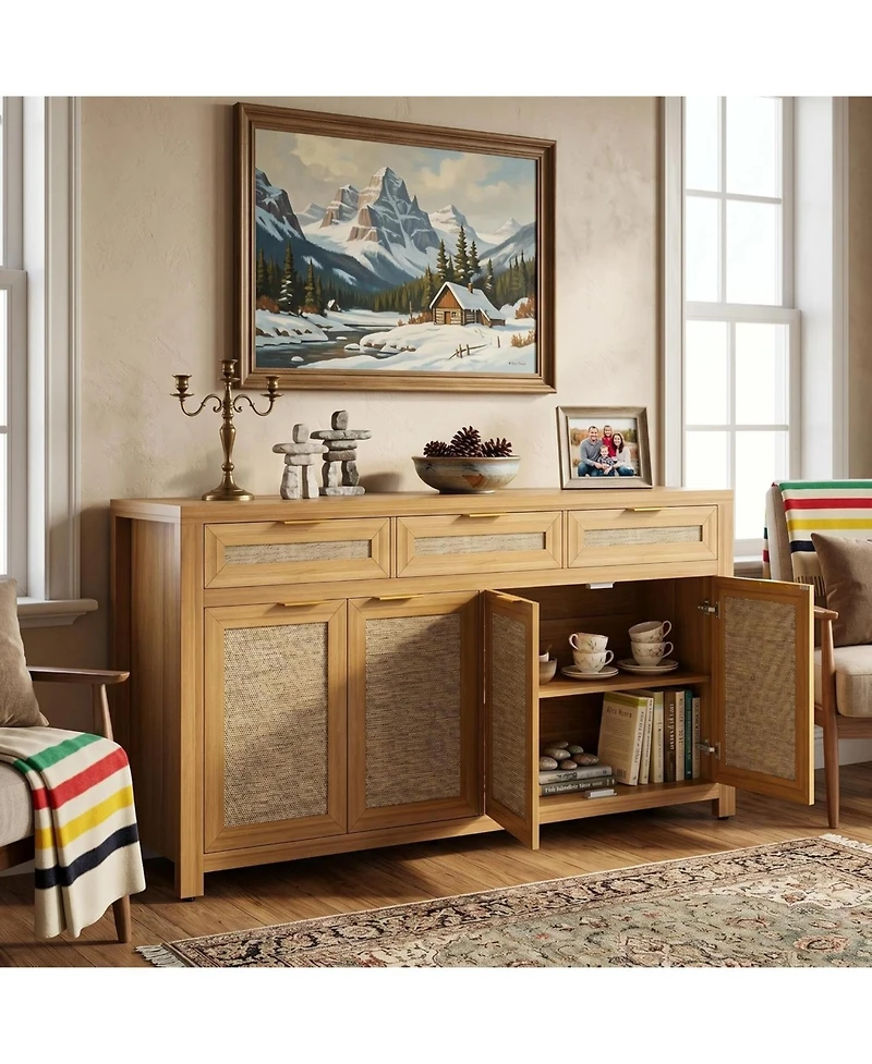 gaomon 63 Inch Sideboard Buffet Cabinet, Rattan Farmhouse Credenza Storage Cabinet with Doors, Drawers and Adjustable Shelves,