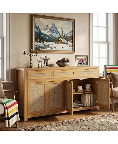 gaomon 63 Inch Sideboard Buffet Cabinet, Rattan Farmhouse Credenza Storage Cabinet with Doors, Drawers and Adjustable Shelves,