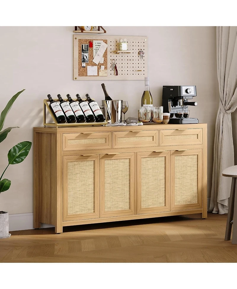 gaomon 63 Inch Sideboard Buffet Cabinet, Rattan Farmhouse Credenza Storage Cabinet with Doors, Drawers and Adjustable Shelves,