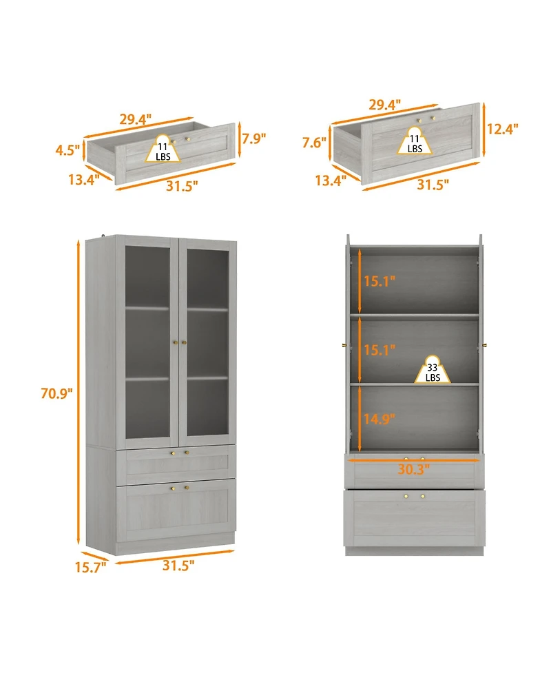 Homsee Modern 2-Door 2-Drawer Storage Cabinet - Frosted Glass Door Wooden Shelf with Gold Handles |Organizer for Living Room and Hallway