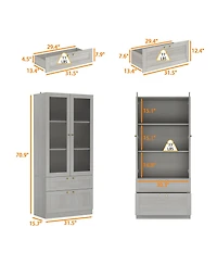 Homsee Modern 2-Door 2-Drawer Storage Cabinet - Frosted Glass Door Wooden Shelf with Gold Handles |Organizer for Living Room and Hallway