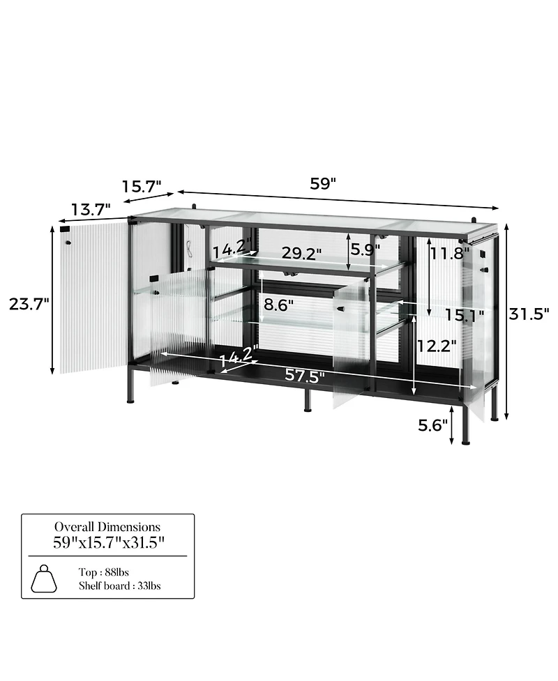 Homsee Modern 4-Door Glass Display Cabinet Led Lighted Bookcase | Media Console | Living Room Storage