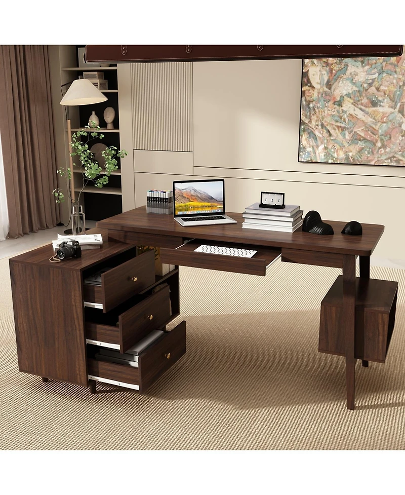 Homsee L-Shaped Desk with Storage - 55-Inch Corner Computer Desk with Drawers and Shelves | Adjustable Wood Office Desk in Walnut Finish