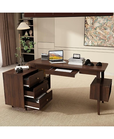Homsee L-Shaped Desk with Storage - 55-Inch Corner Computer Desk with Drawers and Shelves | Adjustable Wood Office Desk in Walnut Finish
