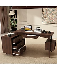 Homsee L-Shaped Desk with Storage - 55-Inch Corner Computer Desk with Drawers and Shelves | Adjustable Wood Office Desk in Walnut Finish