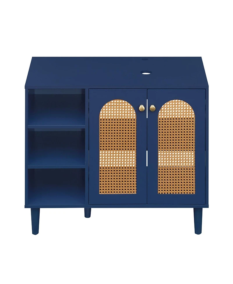 Volenca Boho Under-Sink Bathroom Cabinet with Pe Rattan and Open Cubes, 36-in W