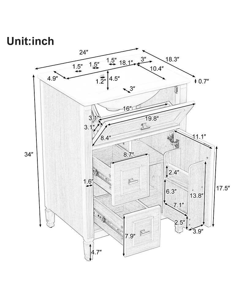 Busdays 24 Inch Freestanding Bathroom Vanity with Sink Solid Wood Mdf Cabinet One Flip Drawer Two Standard Drawers Adjustable Shelf
