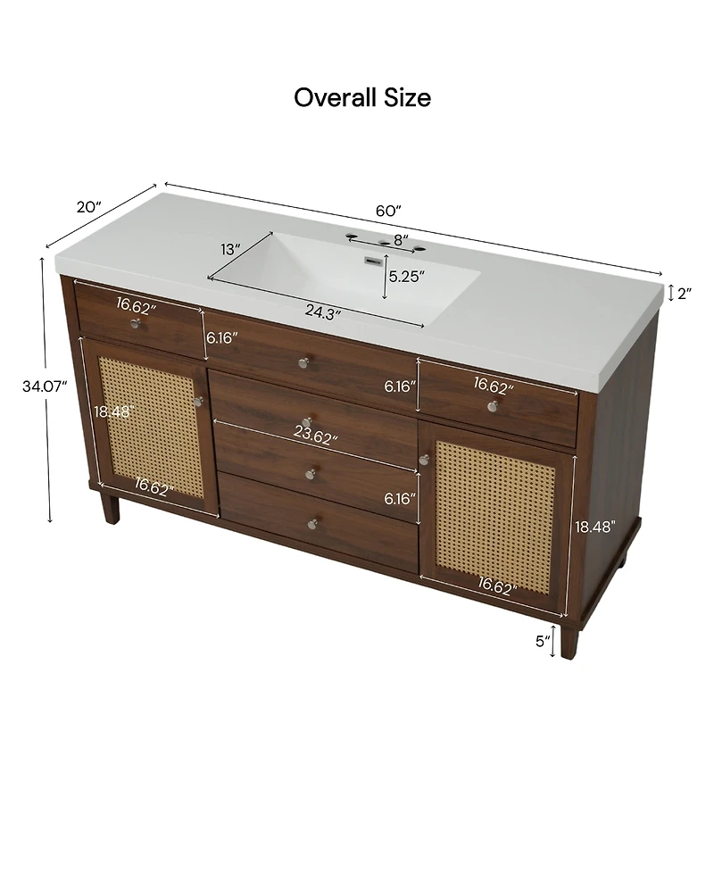 Busdays 60 Inch Bathroom Vanity with Smc Sink Modern Large Storage Soft Close Drawers Rattan Doors Knobs 5 Pine Legs